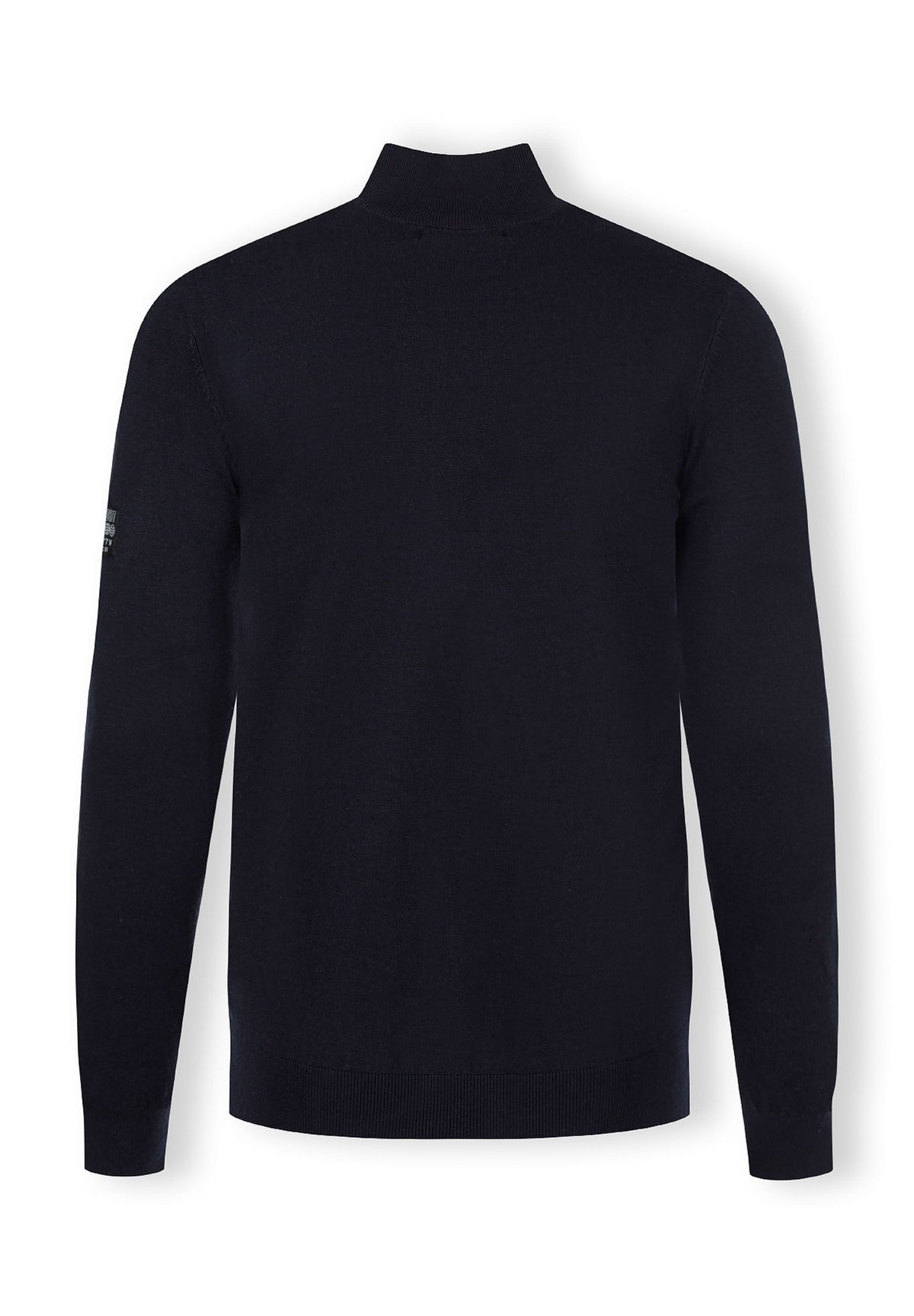 Navy quarter zip jumper, back.
