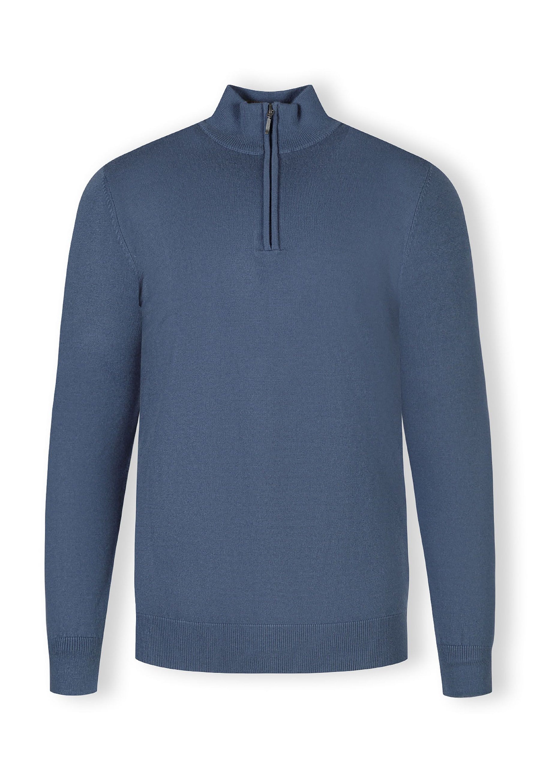 Men's half zip jumper in blue with stand collar and ribbed cuffs.