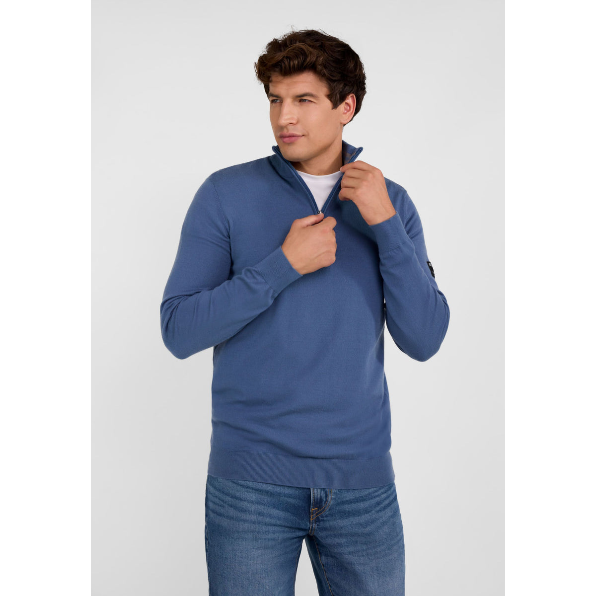 Men's quarter zip jumper in blue — complete product view for square Shop card