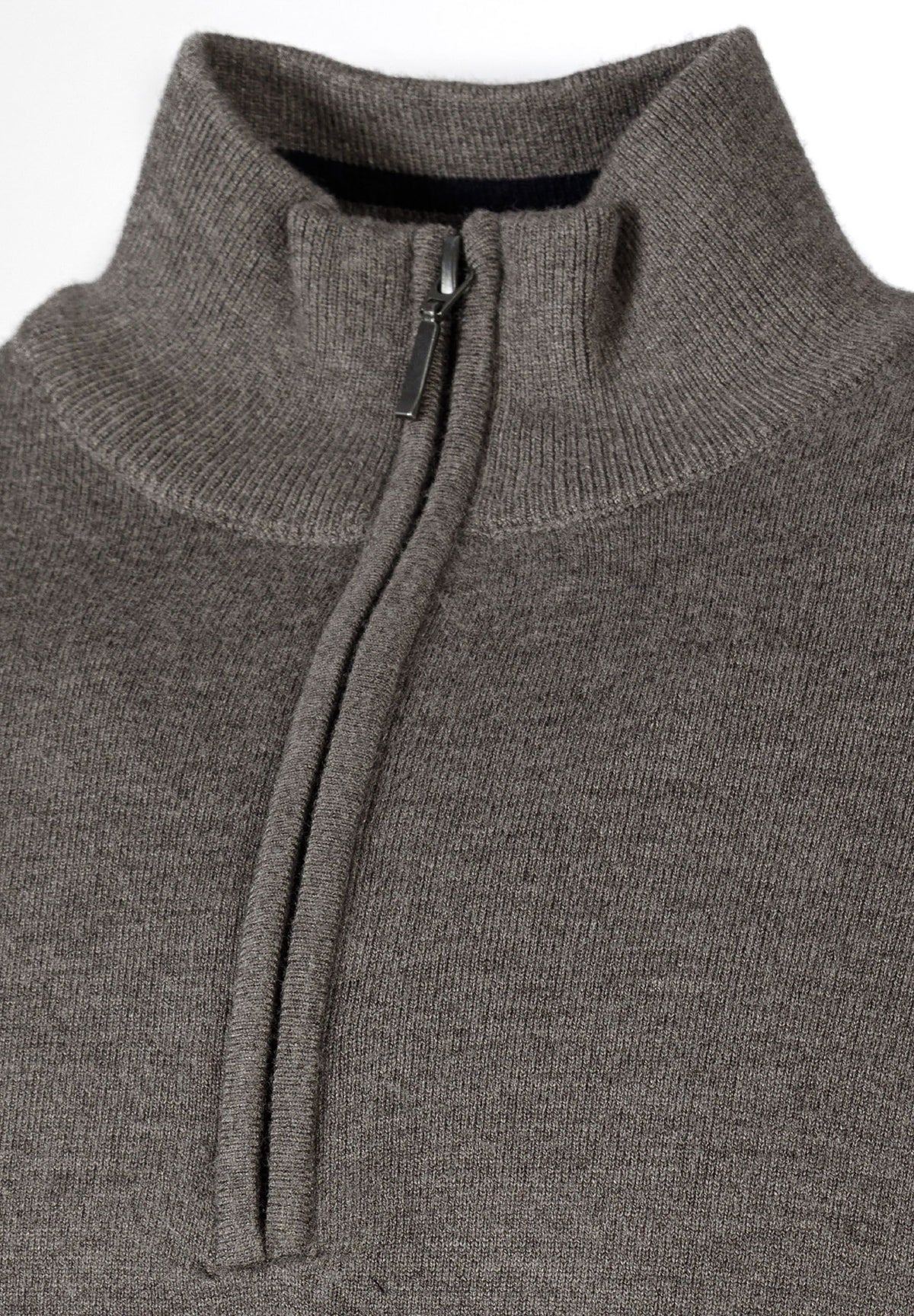 Grey marl quarter zip jumper, knit and collar detail.