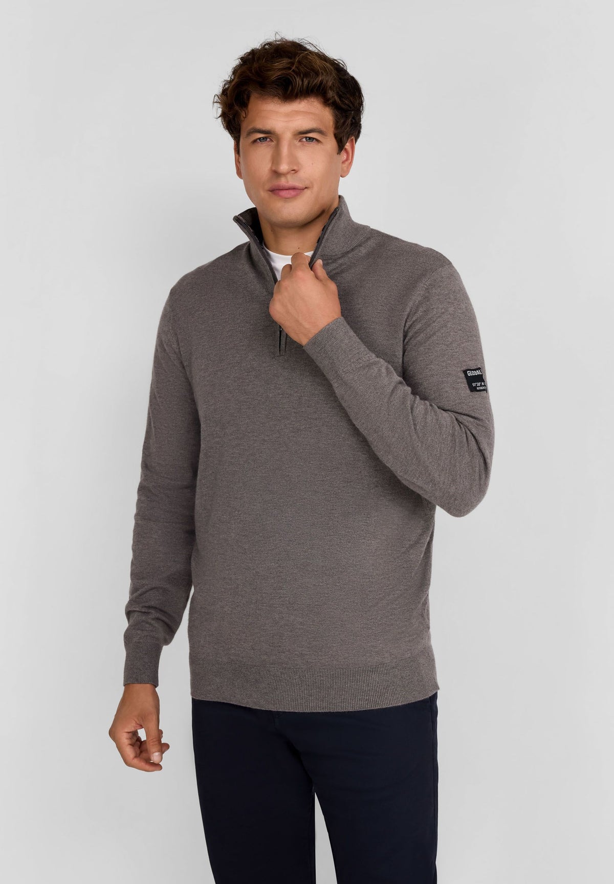 Grey marl quarter zip jumper, model front.