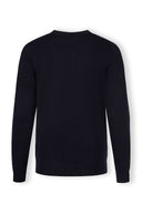 Men's navy fine knit jumper, back view, featuring ribbed trims.