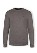 Men's grey fine knit jumper with ribbed trims and chest embroidery, front view.