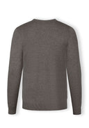 Back view of a grey fine knit men's jumper with ribbed trims.