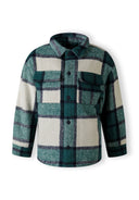 Boys padded shirt jacket in green check pattern with front pockets and button fastening.