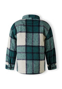 Boys padded shirt jacket in green check, back view with collar and buttoned cuffs.