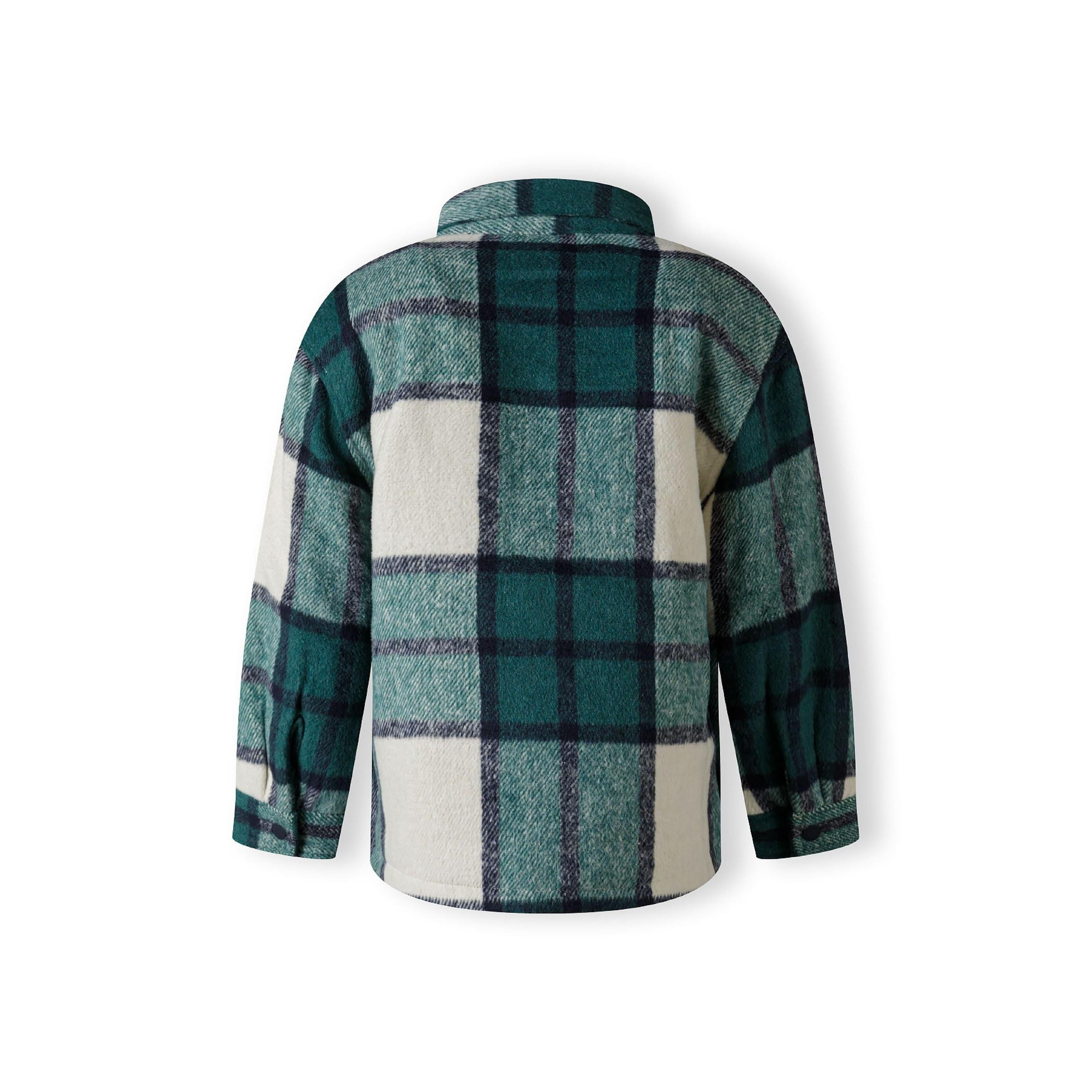 Green check shirt jacket laid flat showing back view with classic plaid pattern in wool blend fabric on white background