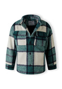 Boys padded shirt jacket in green check pattern with front buttons and patch pockets.