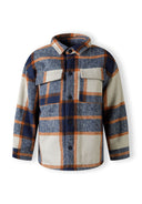 Boys padded shirt jacket in blue check with two front pockets and press stud fastening.