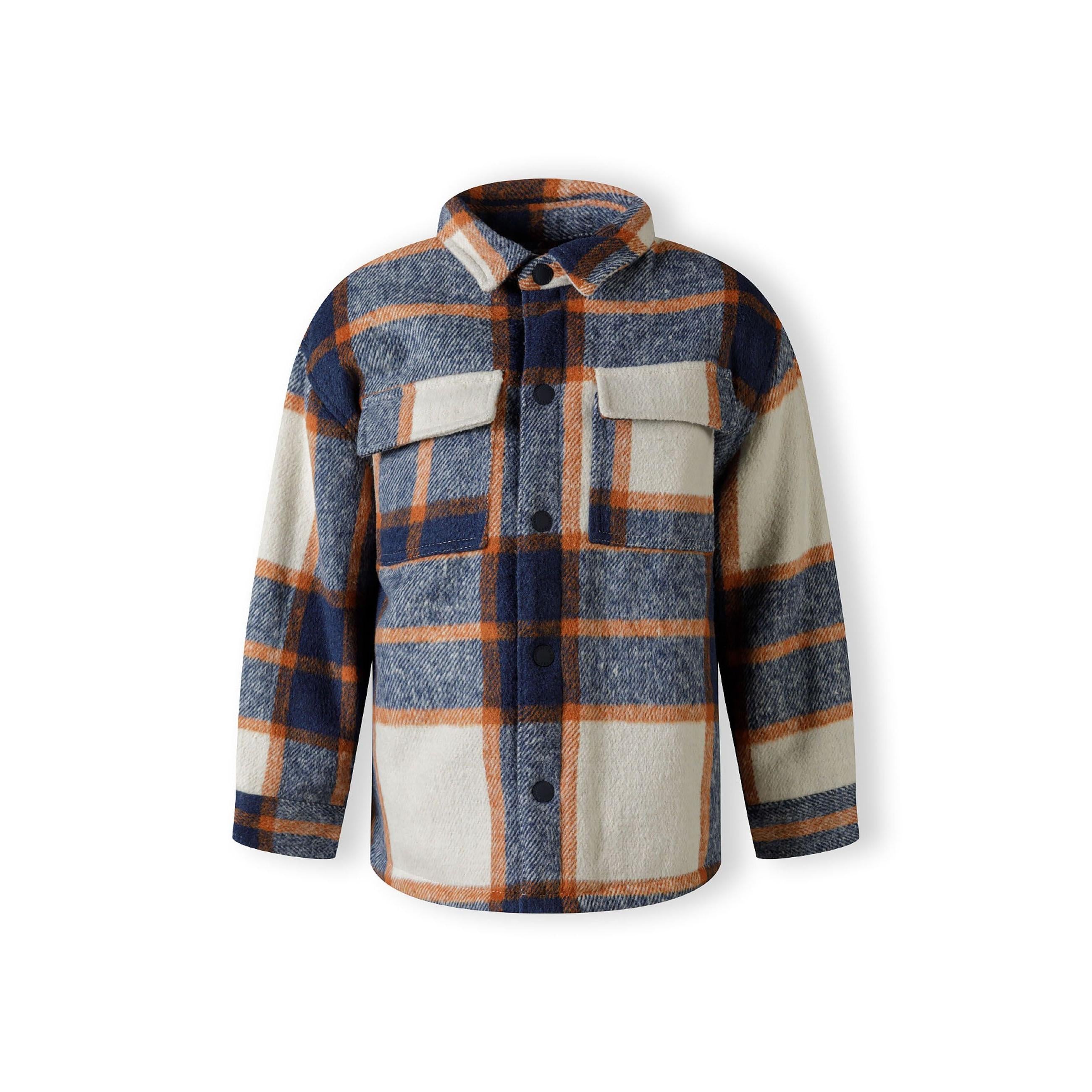 Back view of blue check padded shirt jacket showing full plaid pattern and relaxed fit on white background