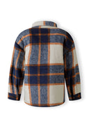 Back view of a boys padded shirt jacket in blue check pattern with orange accents, featuring a collar.