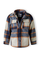 Boys padded shirt jacket in blue check with two front pockets and button fastening.