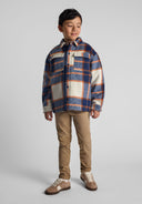Boys padded shirt jacket in blue check, featuring two front pockets and press stud cuffs.