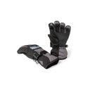 Close-up view of grey ski gloves showing textured grip pattern on palms and reflective panel details against white background