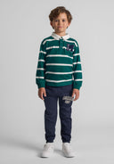 Boys rugby style longsleeve shirt with green stripes and bouclé appliqué, front view.