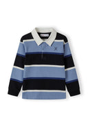 Boys long sleeve polo shirt with navy and blue stripes, featuring a woven collar and ribbed cuffs.
