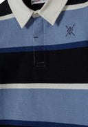 Close-up of a boys long sleeve polo shirt with navy and white stripes, featuring a woven collar and chest embroidery.