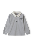 Boys long sleeve polo shirt in grey with woven collar and chest graphic, front view.