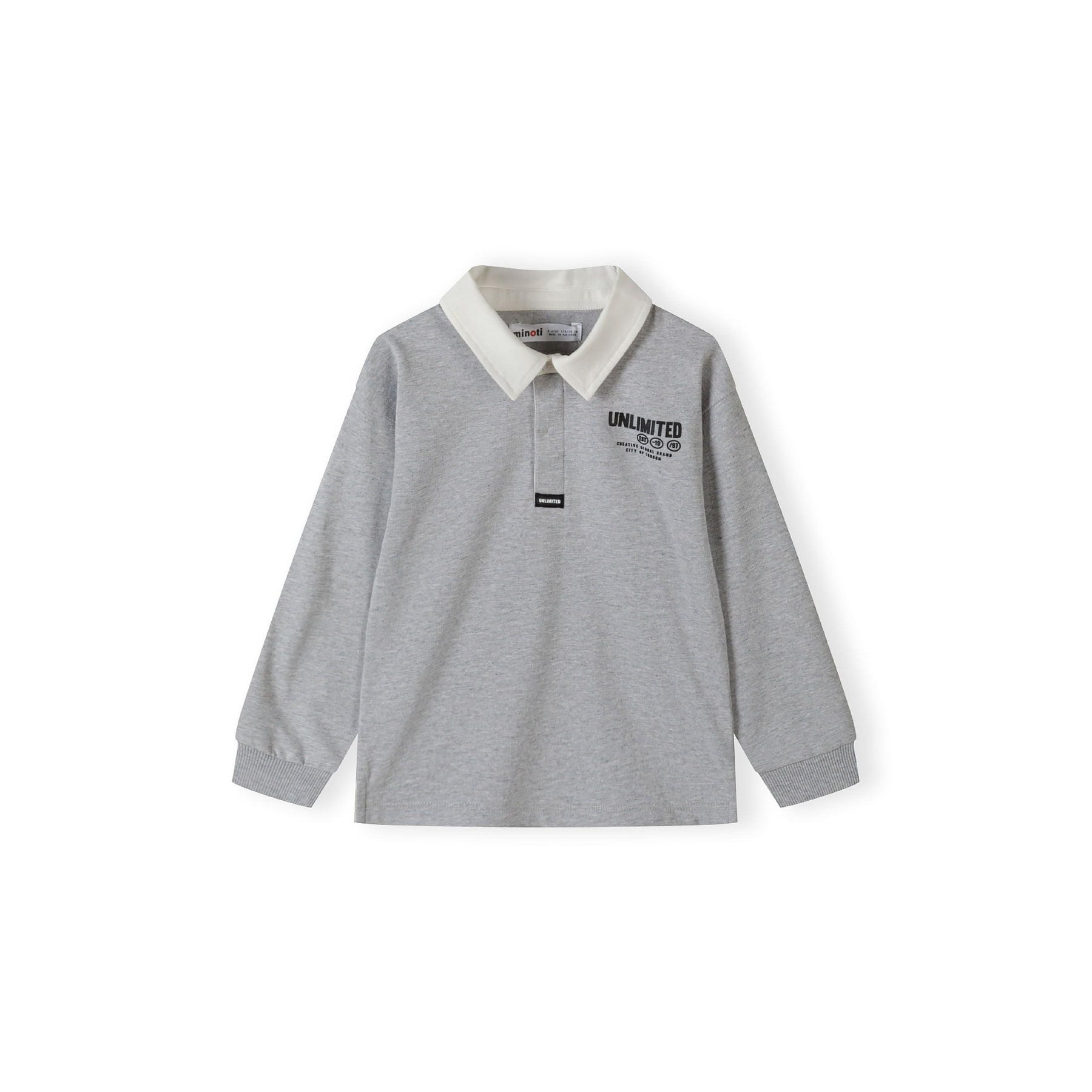 Front view of grey long sleeve polo shirt with white woven collar and UNLIMITED print on chest, displayed flat against white background