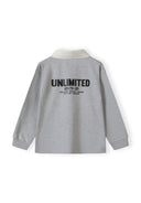 Boys long sleeve polo shirt in grey, back view with large 'UNLIMITED' print.