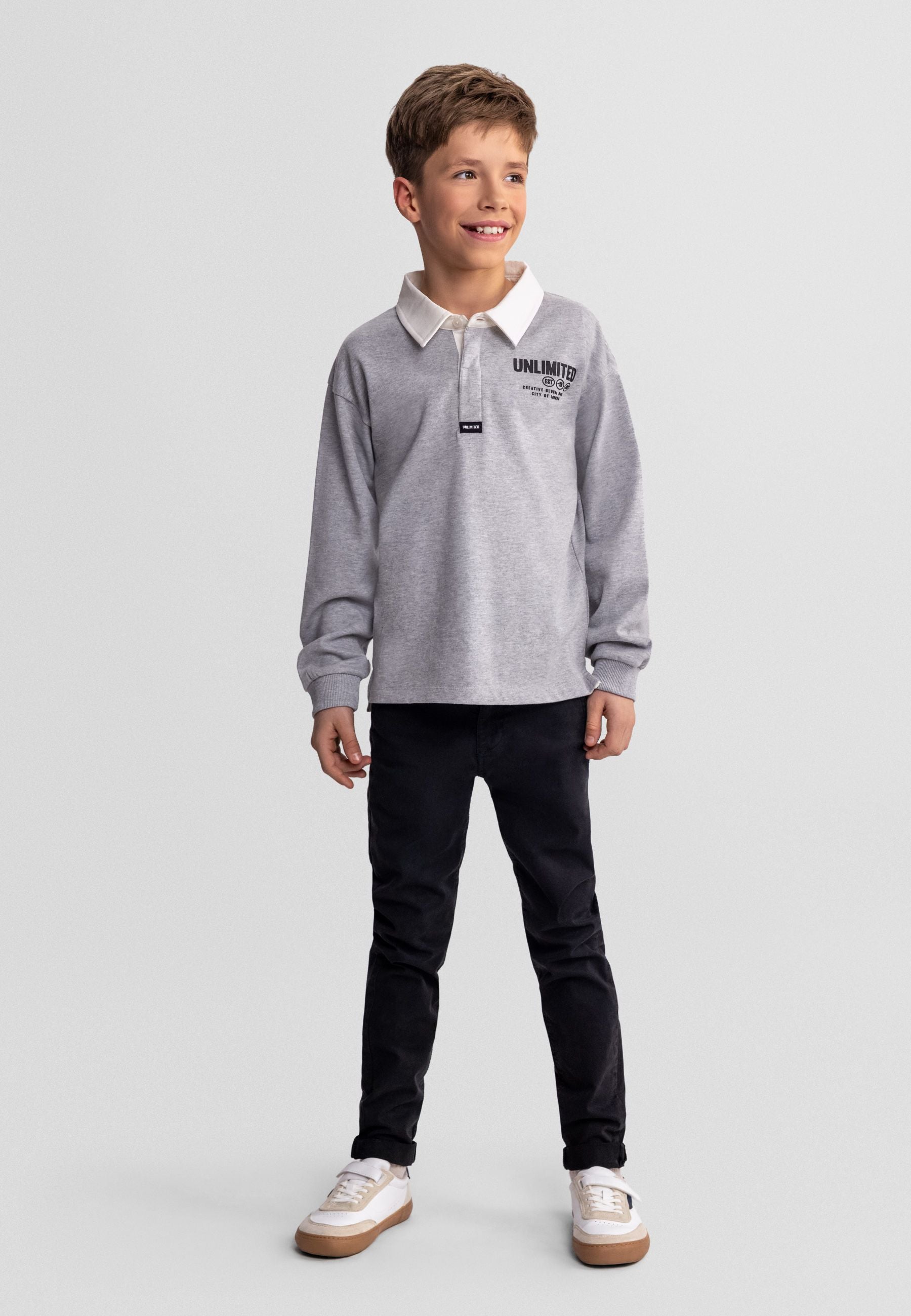 Long Sleeve Polo Shirt, Grey, Contrast Collar - 1