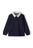 Boys long sleeve polo shirt in navy with a structured collar and ribbed cuffs.