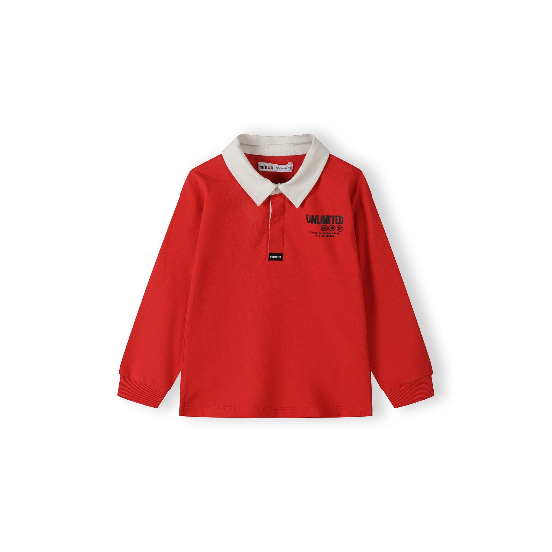 Back view of red long sleeve polo shirt displaying large 'Unlimited' text print with creative graphics branding on white background