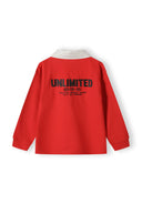 Boys long sleeve polo shirt in red with woven collar and back print, detail view.