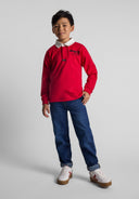 Boys long sleeve red polo shirt with woven collar and graphic print, front view.