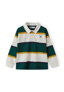 Boys long sleeve polo shirt with green and white stripes, featuring a collar and ribbed cuffs.