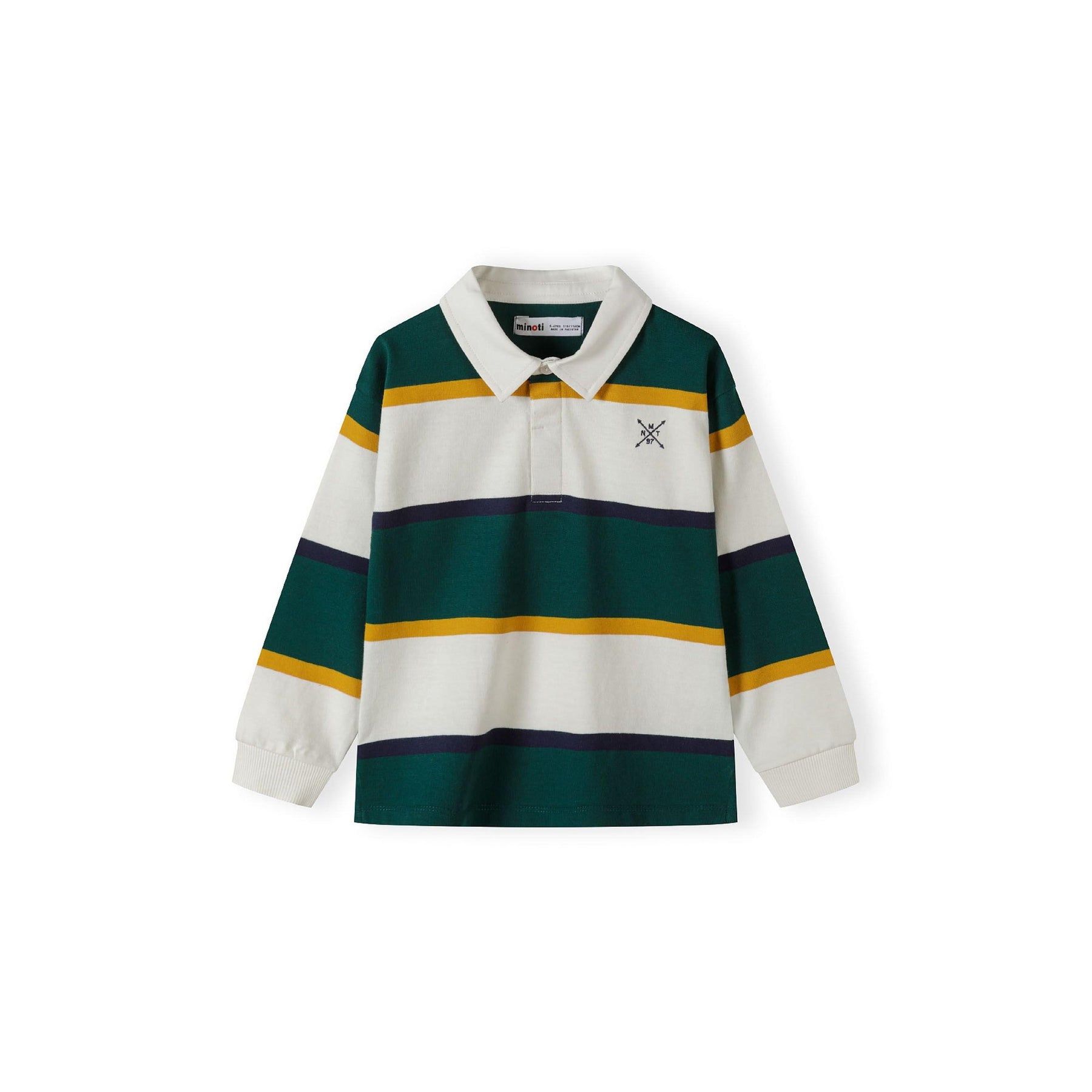 Back view of green and white striped polo shirt with yellow accent lines laid flat on white background