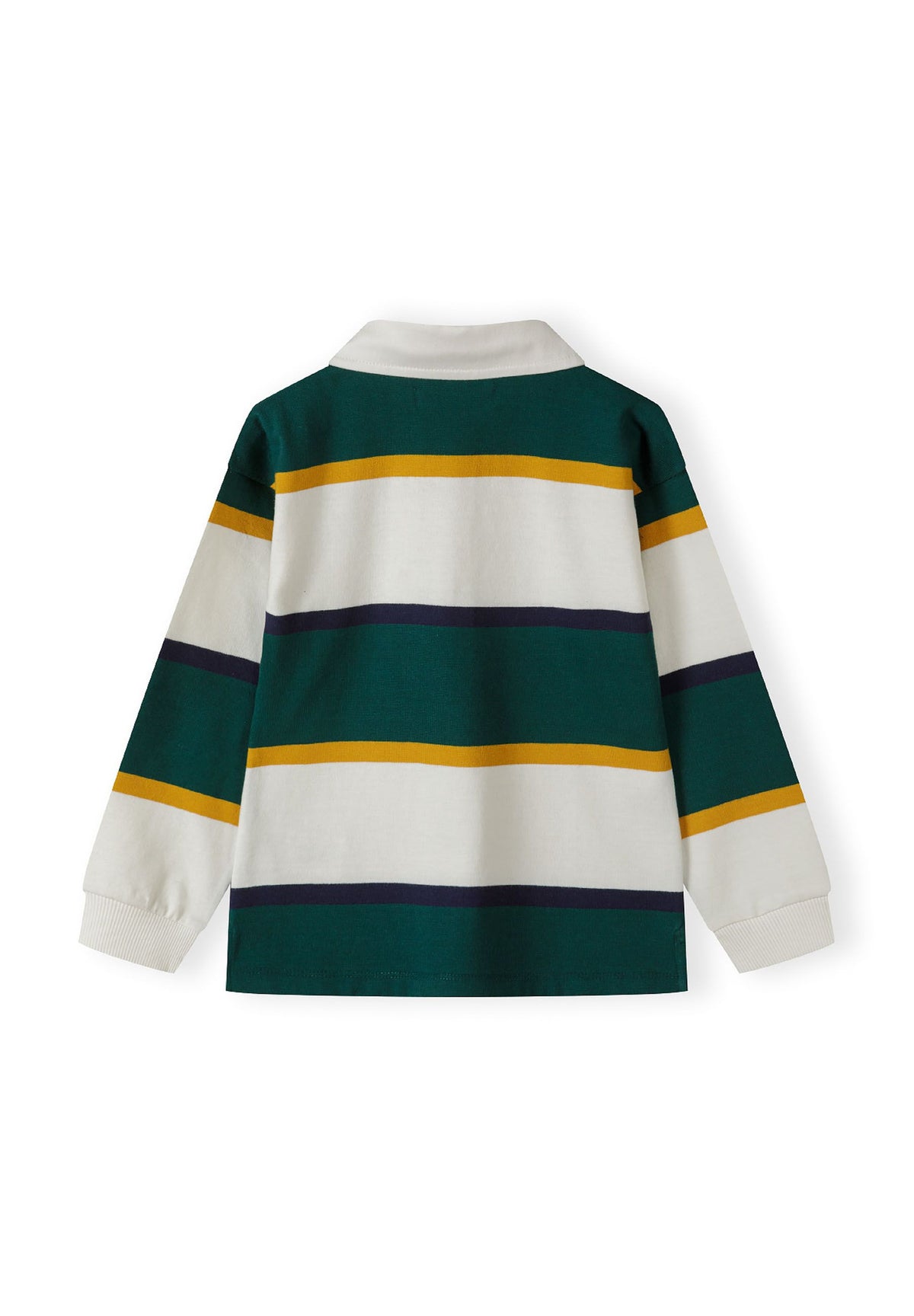 Green, white, yellow and navy striped rugby shirt, back.