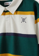 Boys long sleeve polo shirt in green and white stripes with a collar and embroidered detail.