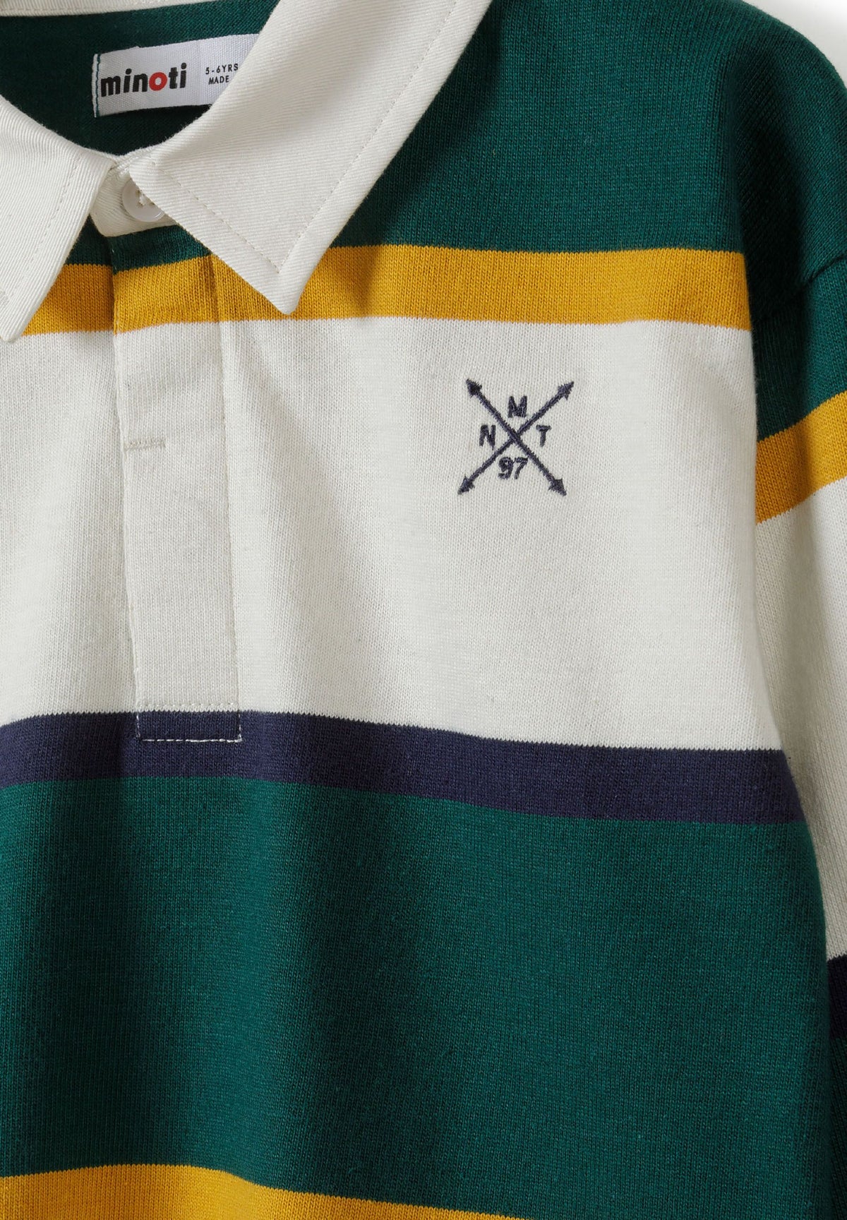 Green, white, yellow and navy striped rugby shirt, collar and chest detail.