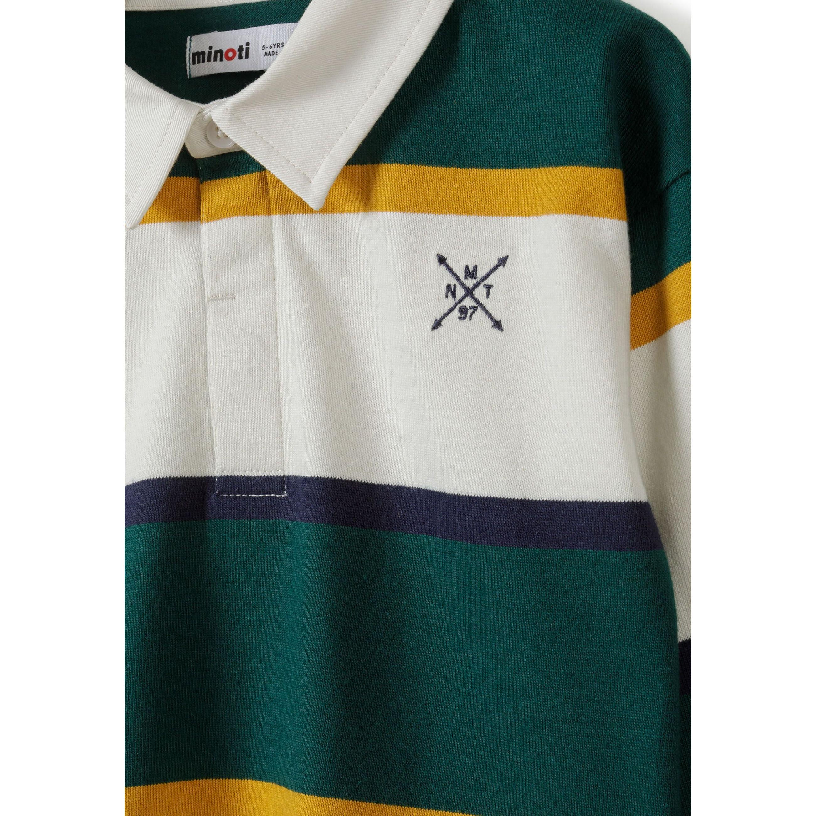 Close-up detail of polo shirt showing Minoti brand label, woven collar, concealed placket and embroidered logo on striped fabric