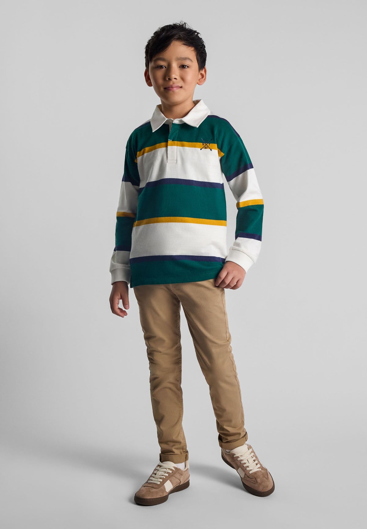 Green, white, yellow and navy striped rugby shirt, model front.