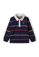 Boys long sleeve polo shirt in navy with stripes, featuring a collar and embroidered emblem.