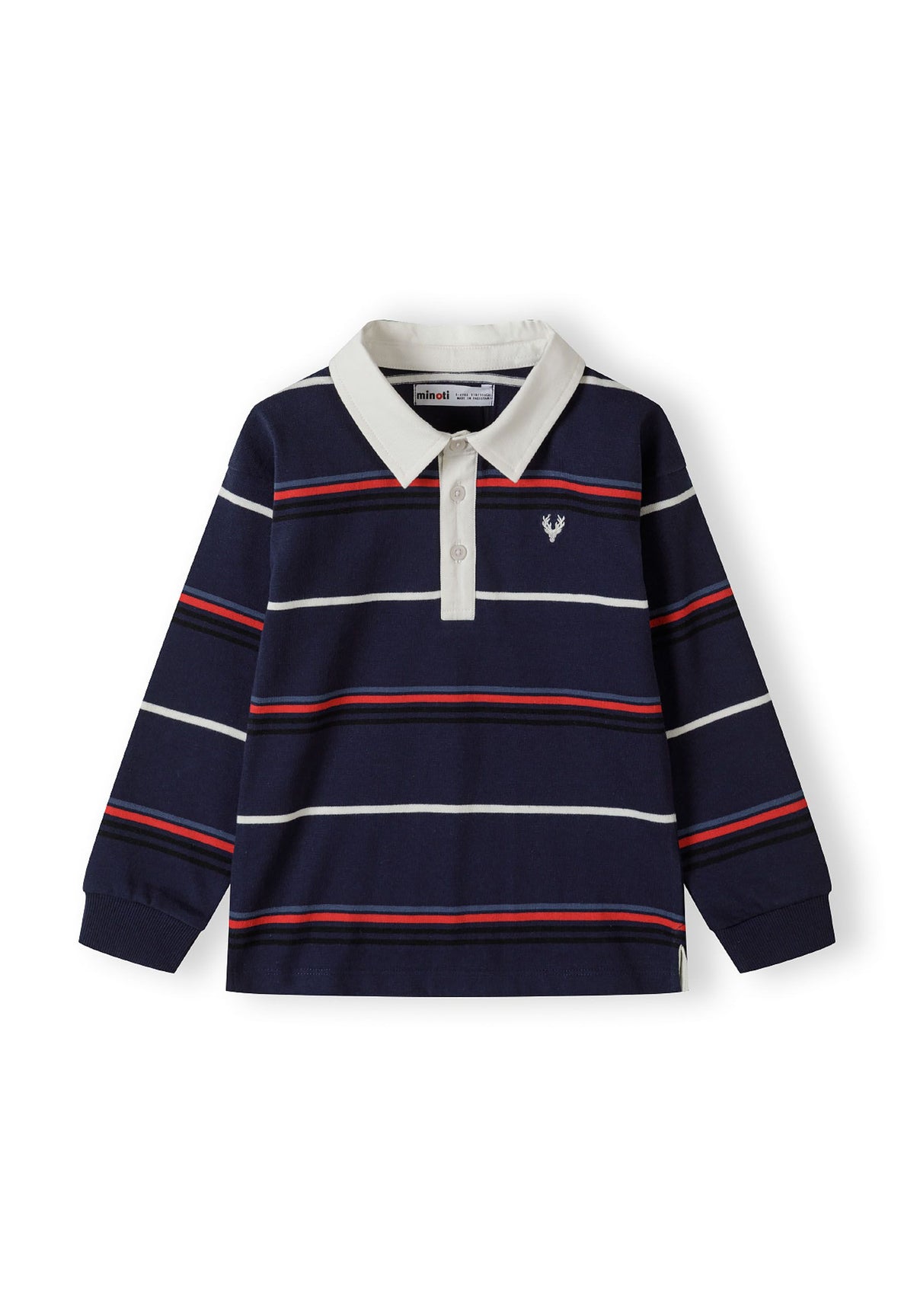 Navy, red and white striped rugby shirt, front.