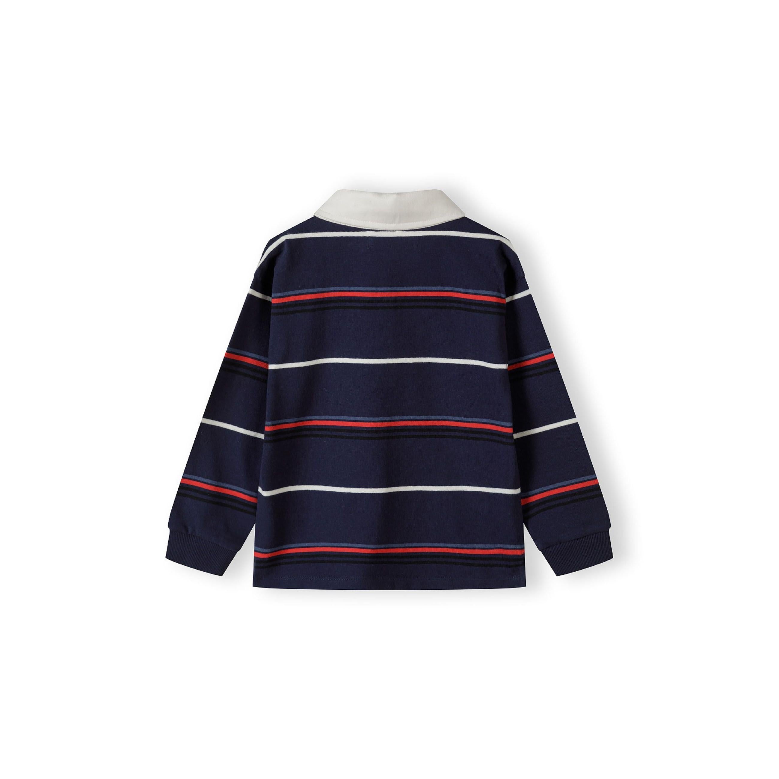 Flat lay of navy striped long sleeve polo shirt showing back view with white collar and red and white stripe pattern
