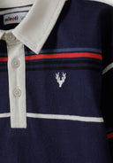 Close-up of a boys' navy long sleeve polo shirt with a woven collar and embroidered emblem.