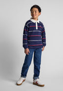 Boys long sleeve navy polo shirt with stripes and collar, featuring an embroidered emblem.
