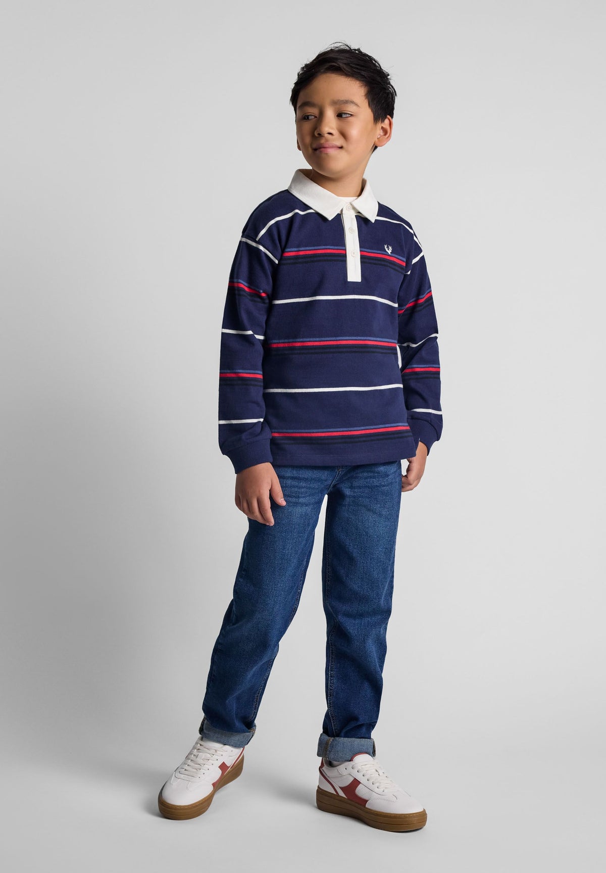Navy, red and white striped rugby shirt, model front.