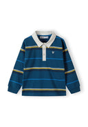 Boys long sleeve polo shirt in turquoise and white stripes, featuring a woven collar and button placket.