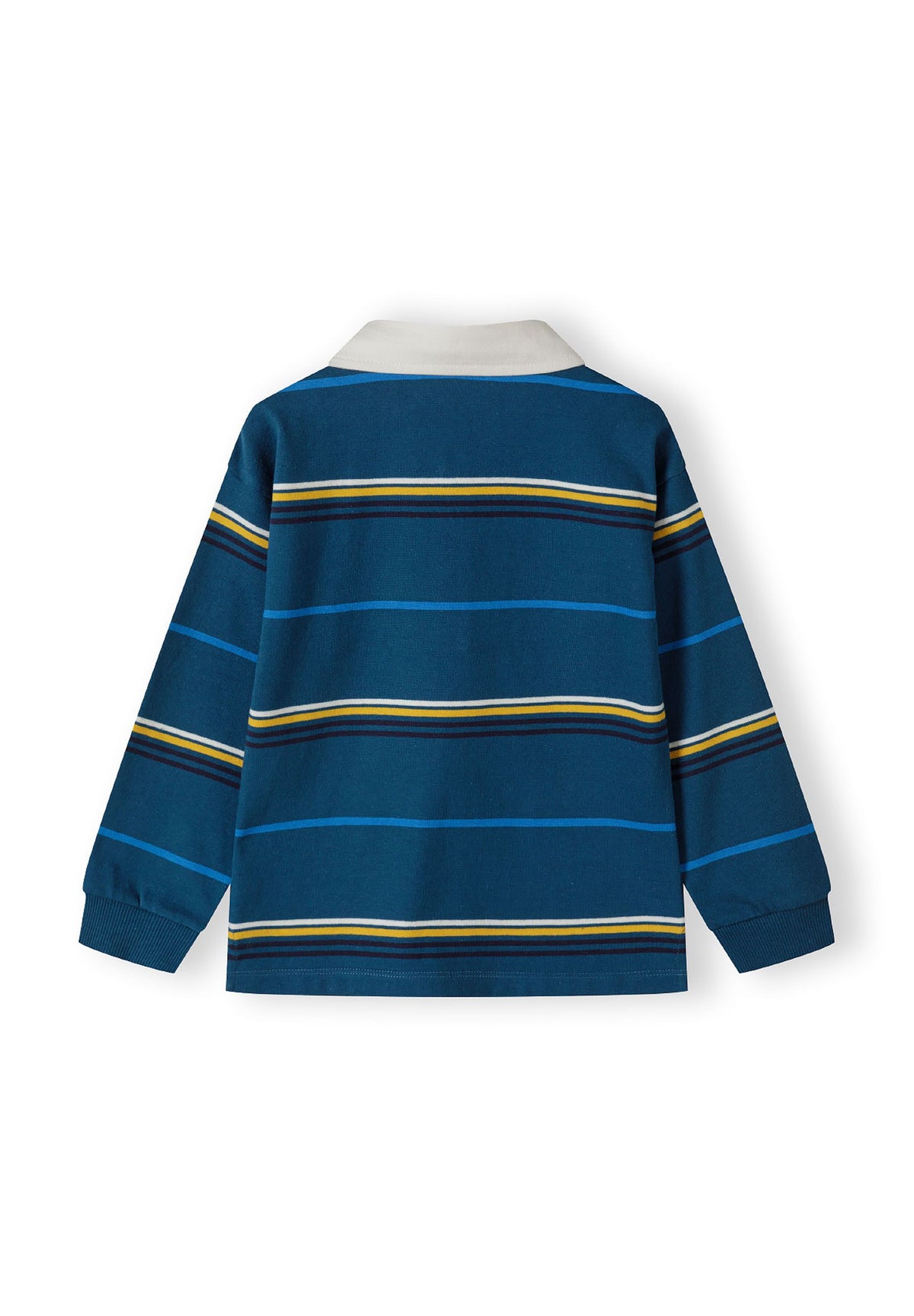 Teal, white, yellow and navy striped rugby shirt, back.