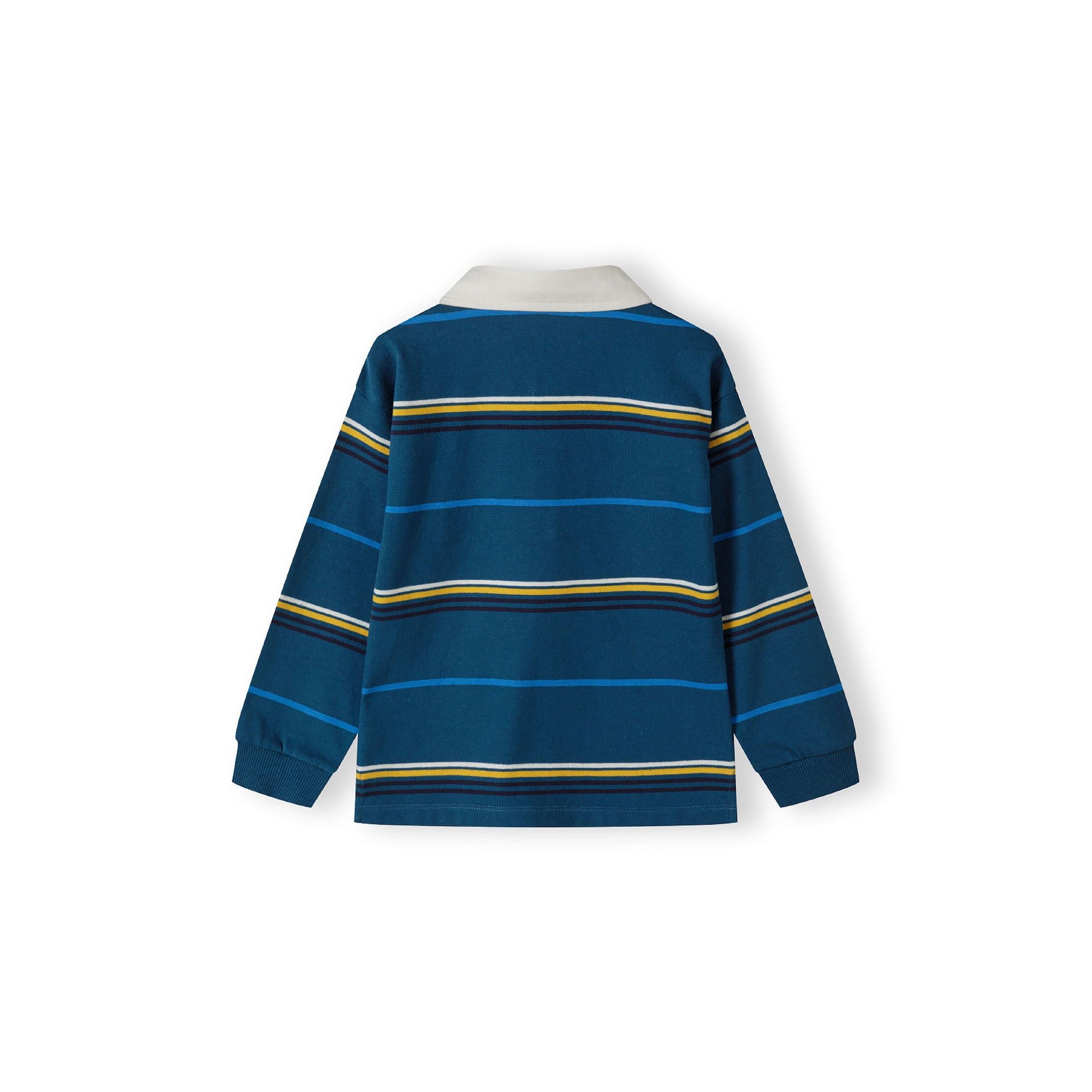 Back view of turquoise striped long sleeve polo shirt with white collar showing horizontal stripe pattern in turquoise, yellow and navy