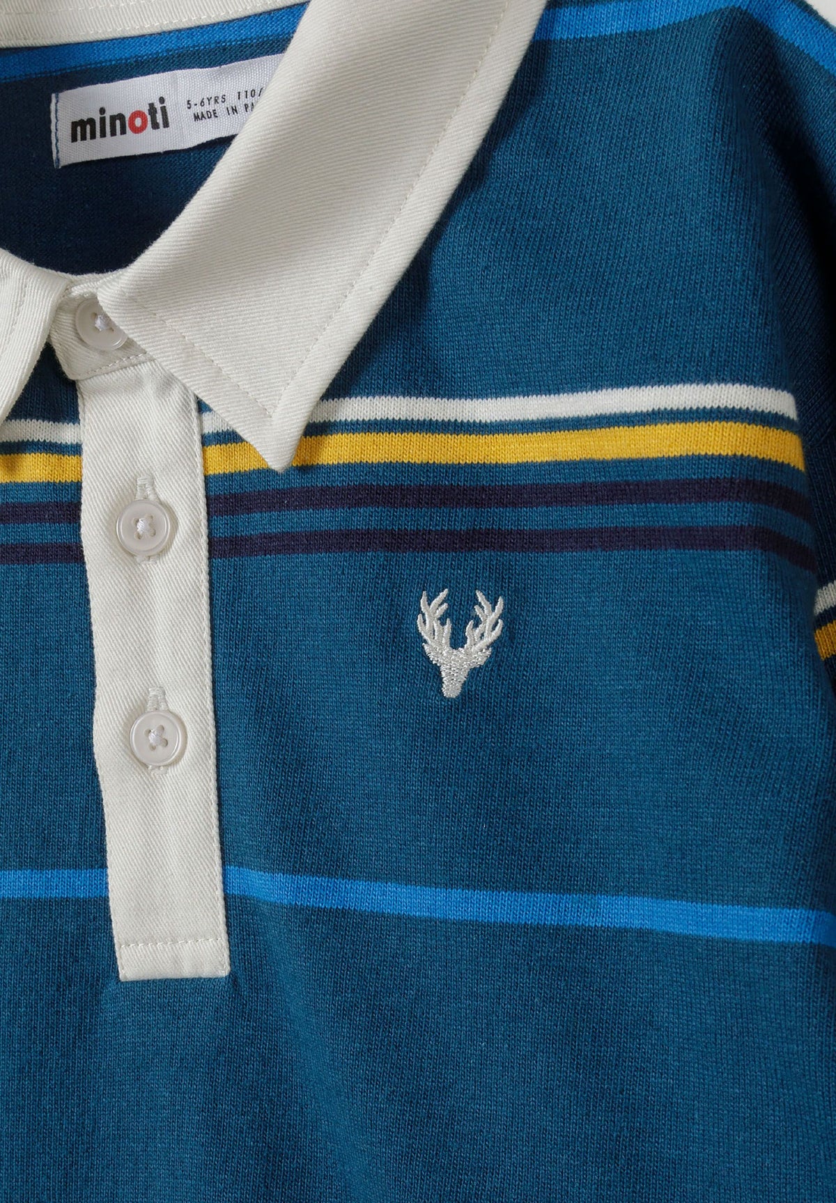 Teal, white, yellow and navy striped rugby shirt, collar and chest detail.