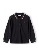 Boys long sleeve polo in grey with woven collar and embroidered logo, front view.
