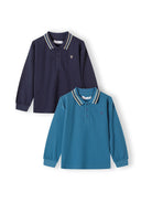 Two long sleeve polo tops for boys, one navy and one teal, featuring contrast collars and button plackets.