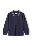 Navy long sleeve polo top with contrast collar and ribbed cuffs, front view.