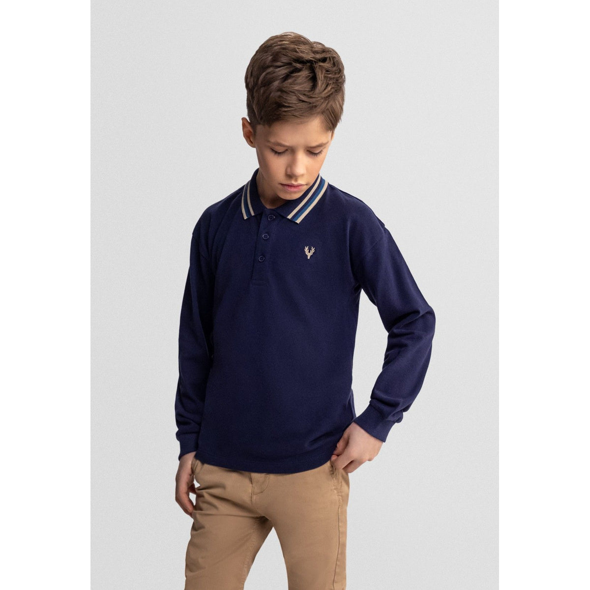 Boys' long sleeve polos 2-pack in navy and teal — complete product view for square Shop card